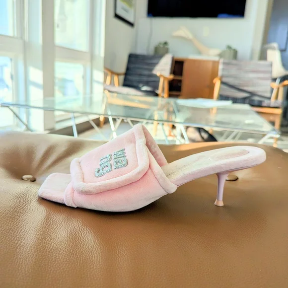 Alexander Wang Jessie Padded Velour Mules/ Slides/ Kitten Heels - Picture 2 of 6